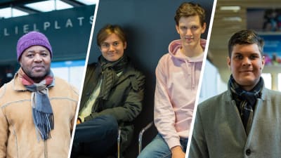 Ett collage med tre bilder på människor som intervjuats på Helsingfors järvägsstation.