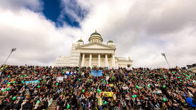 Demnstranter på trapporna vid Domkyrkan i Helsingfors.