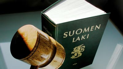 En grön bok med texten Suomen laki och ändan av en klubba i materialet trä.