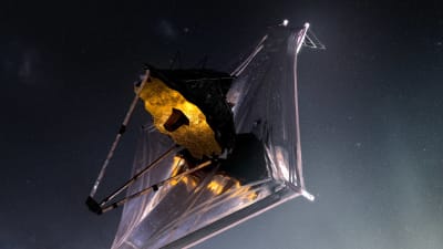 Ritad bild av James Webb-teleskopet i rymden.