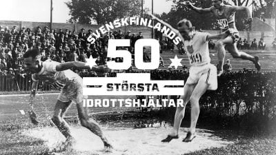 3000 meter hinder i OS i Paris 1924 med logon för Svenskfinlands 50 största idrottshjältar.