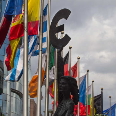 Flaggor på rad i Bryssel, och en Eurosymbol.
