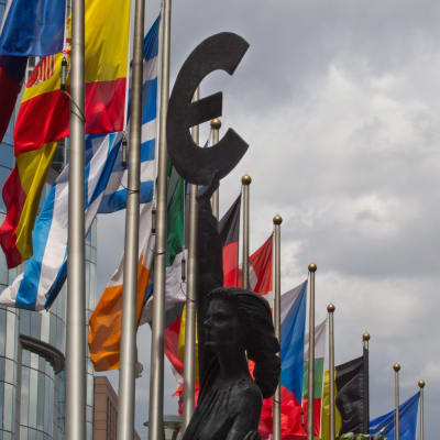 Flaggor på rad i Bryssel, och en Eurosymbol.