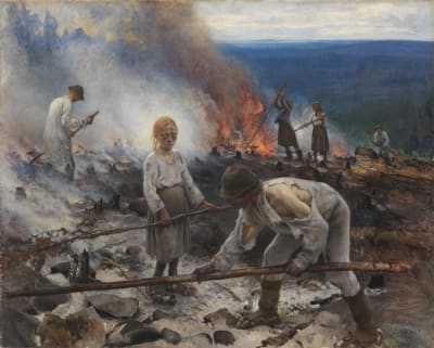 Bild på Eero Järnefelts tavla Trälar under penningen där vi ser en grupp människor hålla på med svedjebränning.