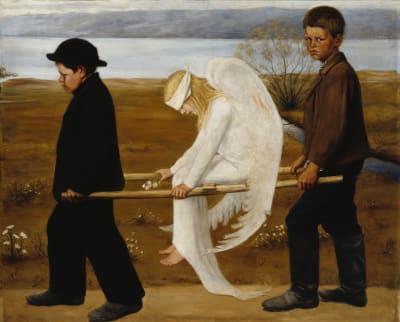 En bild av Hugo Simbergs tavla Den sårade ängeln som föreställer två pojkar som bär en bår där det sitter en sårad ängel.