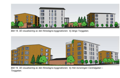 Visualiseringabilder som visar hur två nya flervåningshus i framtiden kan se ut på tryckeritomten vid Torggatan i Karis.