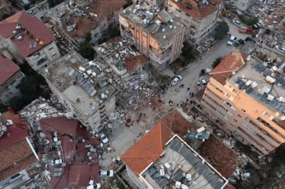 Förstörda byggnader i Hatay, Turkiet.