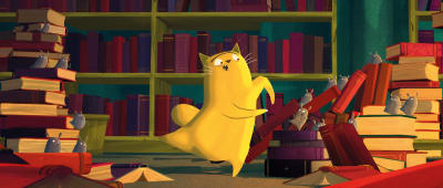 En liten tecknad katt dansar mellan två stora bokhögar. 