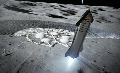 Konstnärs återgivning av en SpaceX-rymdraket som lyfter från en bas på månen.