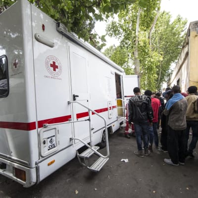 Migranter i Rom köar för att få mathjälp av Röda Korset.