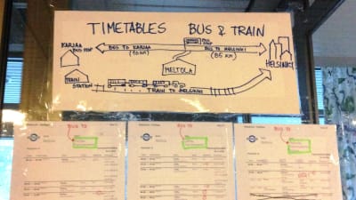 En bild med information om tåg och bussar från Mjölbolsta i Karis, busstidtabeller.