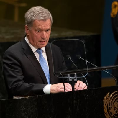 President Sauli Niinistö håller sitt tal vid FN:s generalförsamling i New York.