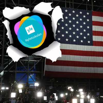 Nyhetsskolans logo på den amerikanska flaggan.