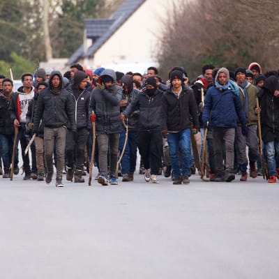 Ett gäng migranter bär på pinnar efter sammandrabbningar i Calais 1.2.2018.