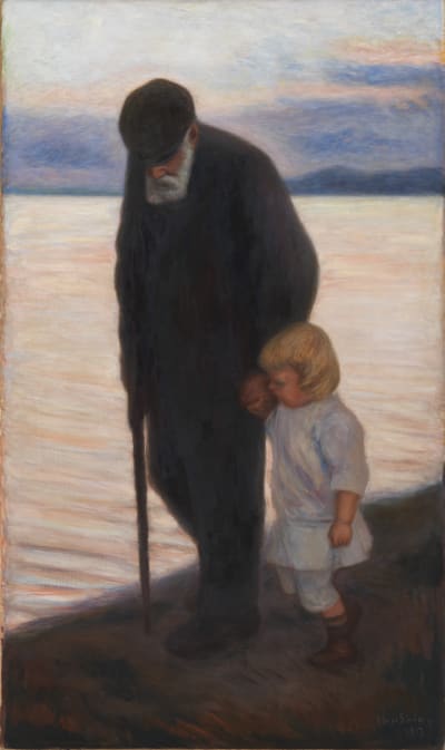 Hugo Simbergs tavla Mot kväll, föreställer en äldre man och ett litet barn i kvällsskymningen går bredvid varandra på stranden. 