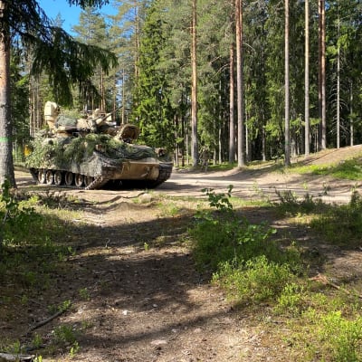 Kaksi maastoon naamioitua panssarivaunua ajaa metsäautotiellä.