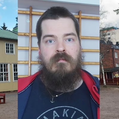 Sockenbacka skola och en skäggig man.