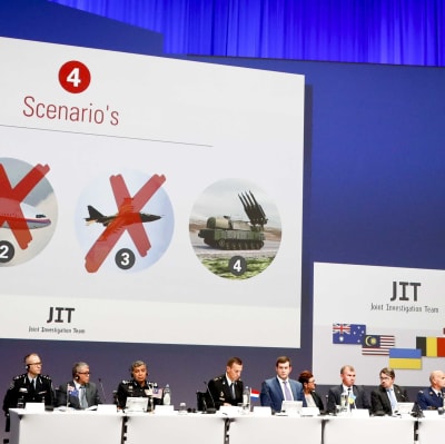 Ian McCartney, Tan Sri Dato Sri Khalid Bin Abu Bakar, Fred Westerbeke, Vitali Maiakov, Dmytri Storozhuk, Stanny de Vlieger, Frederix van Leeuw of the Joint Investigation Team at the NBC Congress centre in Nieuwegein, The Netherlands, 28 September 2016. T