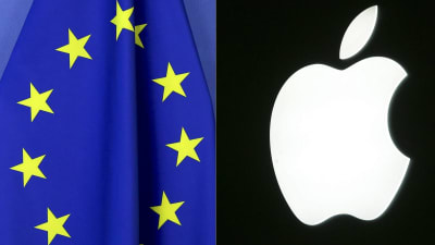 EU:s flagga och Apples logga.