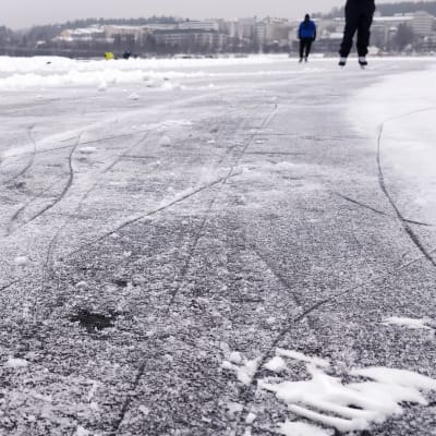 Jään pintaa Jyväskylän Jyväsjärvelle auratulla retkiluisteluradalla. Jäällä pari luistelijaa.