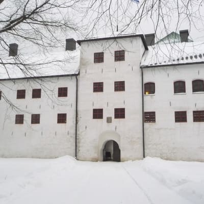 Åbo slott med sin vitrappade förborg i vit snöskrud.