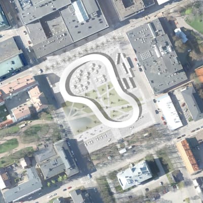 Uusi kaupunki-kollektiviets vision för Borgå torg ur fågelperspektiv.