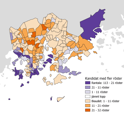 Karta över Helsingfors röstningsområden. Eva Biaudet fick fler röster än Marcus Rantala i många områden i stadens nordliga och östliga delar.
