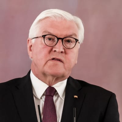 Frank-Walter Steinmeier vid ett podium med tyska flaggan i bakgrunden.