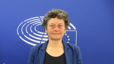 Europaparlamentariker Tineke Strik står framför en blå EU-affisch.