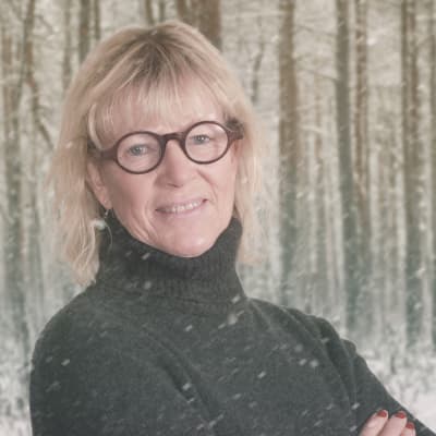 Anna Gullichsen på Vegas vinterpratare kollagebild mot snöig skogsbakgrund.