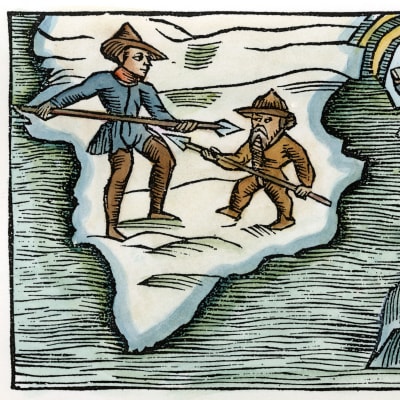 Viking strider mot en inuit i ett träsnitt Olaus Magnus Historia om de nordiska folken, som utgavs första gången 1555.