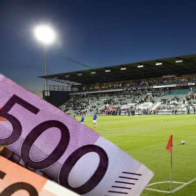 Illustrerande bild på sedlar och Kuppis fotbollsstadion.