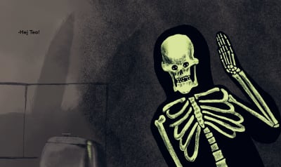 En illustration av ett mörklagt badrum där en person utklädd till skelett står, med handen lyft och säger: "hej teo!"