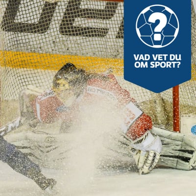 Blåklädd hockeyspelare stannar upp framför målvakt och bjuder på en "dusch" med skridskostoppet.