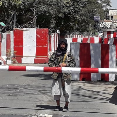 En talibankrigare står bakom en bom i staden Ghazni