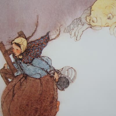 Kuva Lisbeth Zwergerin kuvituksesta Grimmin veljesten satuun "Seitsemän korppia"