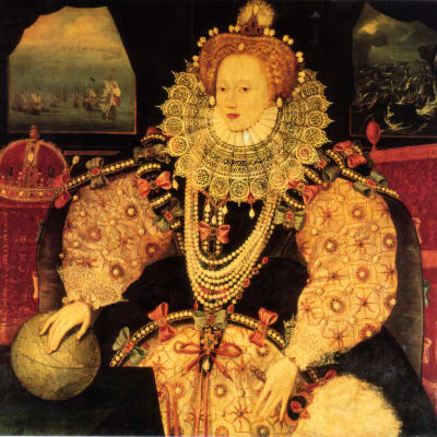 Englannin kuningatar Elisabet I istumassa käsi maapallon päällä.
