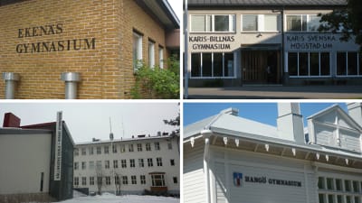 Ekenäs gymnasium, Karis-Billnäs gymnasium, Virkby gymnasium och Hangö gymnasium