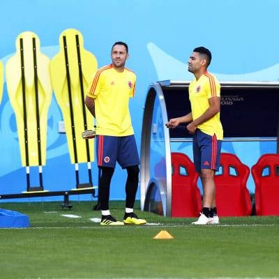 Målvakten David Ospina och anfallaren Radamel Falcao under ett träningspass.