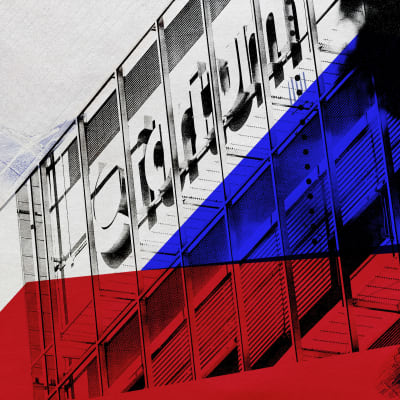 Kollaasikuva, jossa taustalla mustavalkokuva Fortumin konttorin seinästä, päällä Venäjän lipun värit.