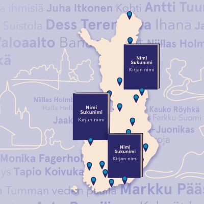Suomen kartta, jonka vieressä kaupunkien siluetteja ja päällä kolme kirjaa.