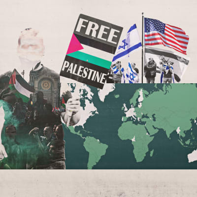 Ett kollage med en världskarta med länder som inte erkänner staten Palestina, en demonstrant som håller i en skylt där det står "Free Palestine" och några pro-Israel demonstranter med Israels flaggor och en Amerikansk flagga.