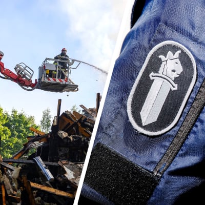 Kolmen kuvan sarja, jossa ensimmäisessä kuvassa on palomies nosturissa ruiskuttamassa vettä, toisessa poliisin hihamerkki ja kolmannessa palaneen talon rauniot.