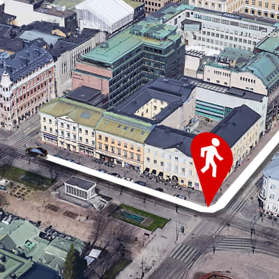 Kuvakaappaus animaatiosta jossa on jäljitelmä Pohjoisesplanadista Helsingistä.