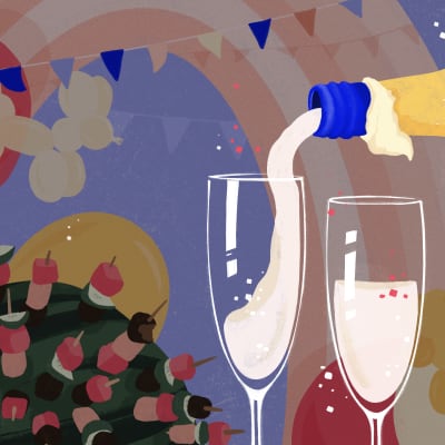 Piirretty kuva, jossa kaadetaan kuohuviiniä laseihin. Taustalla on ilmapalloja, cocktailsiili, liukumäki.
