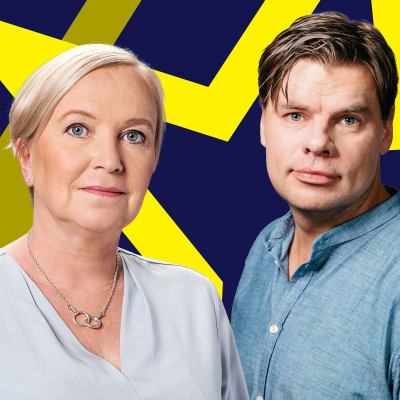 Carin Göthelid och Ville Hupa i närbild med blågul bakgrund.