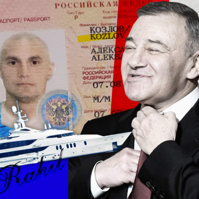 Ett bildkollage med Alexandr Kozolovs passfoto, Arkadi Rotenberg och Rahil-jakten.