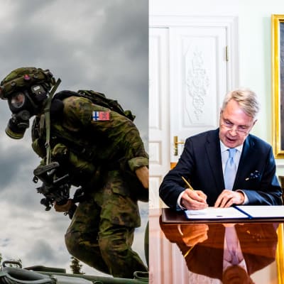 kuvakombinaatiossa suomalainen sotilas, Naton allekirjoitusta sekä kuva bensa-asemalta jossa bensiin hinta korkealla.