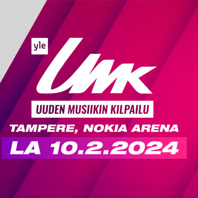 UMK24-tapahtuman mainoskuva. Kuvassa lukee UMK:n järjestettävän Tampereen Nokia Arenalla lauantaina 10.2.2024. Taustalla näkyy vuoden 2023 UMK-voittaja Käärijä.
