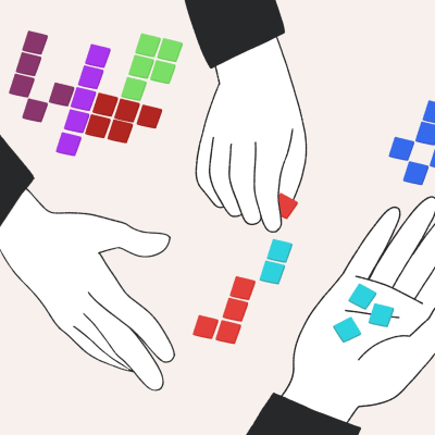 Illustrationen visar händer som rör vid och flyttar på små spelbrickor i partiernas färger.